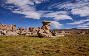 Rock formations at the magical hidden Laguna Negra Valley in the Salar de Uyuni, Bolivia
