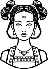 Portrait of the young Chinese girl with an ancient hairstyle. Monochrome vector illustration isolated on a white background.