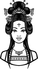 Portrait of the young Chinese girl with an ancient hairstyle. Monochrome vector illustration isolated on a white background.