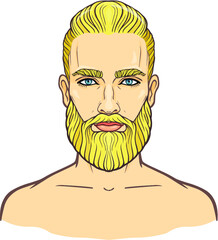 Animation portrait of the young attractive bearded man with a stylish hairstyle. Vector illustration isolated on a white background.