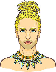 Animation portrait of the young attractive bearded man with a stylish hairstyle. Vector illustration isolated on a white background. Print, poster, t-shirt, card.