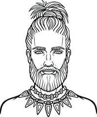 Animation portrait of the young attractive bearded man with a stylish hairstyle. Linear drawing.Vector illustration isolated on a white background.