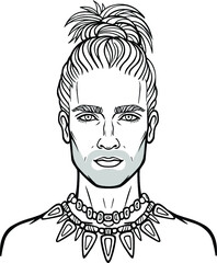 Animation portrait of the young attractive bearded man with a stylish hairstyle. Linear drawing.Vector illustration isolated on a white background.