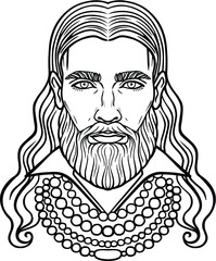 Animation portrait of the bearded man with long hair in an beads. Fashion, style, glamour, Mix men's and feminine. Vector illustration isolated on a white background.