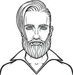 Animation portrait of the young attractive bearded man with a stylish hairstyle. Linear drawing. Vector illustration isolated on a white background.