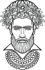 Animation portrait of the bearded man  in beads and a wreath of roses. Mix men's and feminine. Vector illustration isolated on a white background.