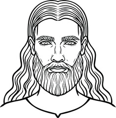 Animation portrait of the bearded man with long hair. Vector illustration isolated on a white background.