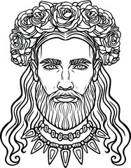 Animation portrait of the bearded man with long hair in an ancient necklace and a wreath of roses. Mix men's and feminine. Vector illustration isolated on a white background.