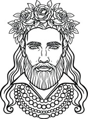 Animation portrait of the bearded man with long hair in an beads and a wreath of roses. Mix men's and feminine. Vector illustration isolated on a white background.