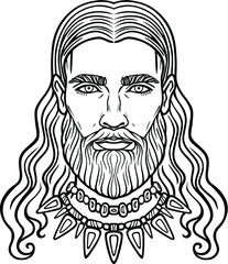 Animation portrait of the bearded man with long hair in an ancient necklace. Vector illustration isolated on a white background.