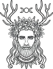 Animation portrait of the young man in a wreath with deer horns.  Pagan god Cernunnos. Mysticism, esoteric, paganism, occultism. Vector illustration isolated on a white background.