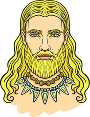 Animation color portrait of the young bearded man with long hair in an ancient necklace. Vector illustration isolated on a white background. Print, poster, t-shirt, card.