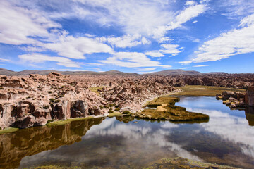Rock formations at the magical hidden Laguna Negra Valley in the Salar de Uyuni, Bolivia