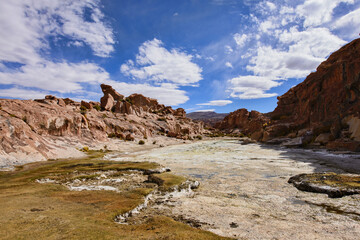 Rock formations at the magical hidden Laguna Negra Valley in the Salar de Uyuni, Bolivia