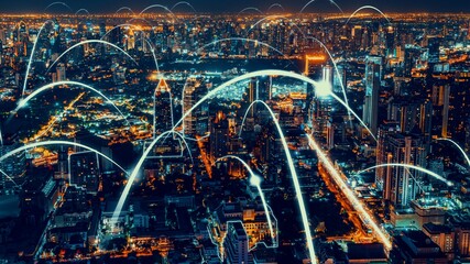 Smart digital city with globalization abstract graphic showing connection network . Concept of future 5G smart wireless digital city and social media networking systems .