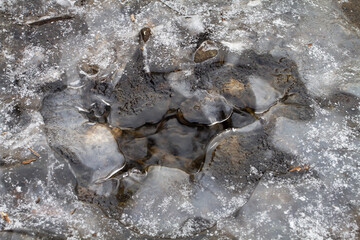 a washout in the ice in rocky shallow water