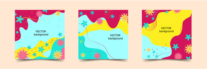 Naklejka premium Set of vector backgrounds with abstract shapes and flowers, for social networks, advertising. Bright funny brochure cover template. Place for text