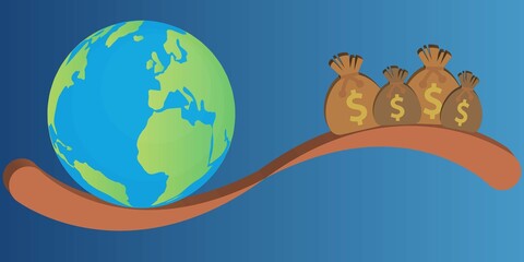 See saw scale or balance with planet earth and bags with dollar symbol on them