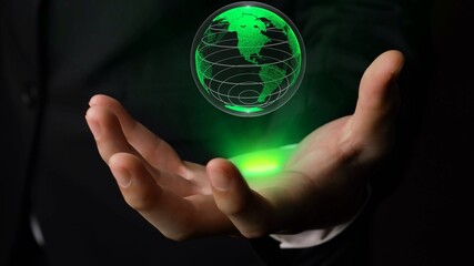 Human hand holding earth globe holographic technology . Futuristic visualization for virtual reality and augmented reality .