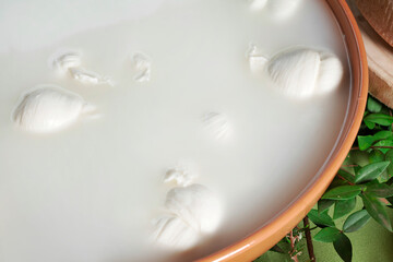 Fototapeta na wymiar Contenitore di ceramica con mozzarelle