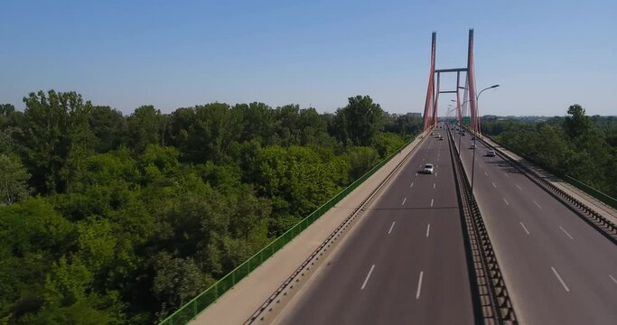 Aerial View Of Bridge Siekierkowski. Red Rope Brige