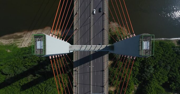 Top Down Aerial Shot Of Siekierkowski Bridge. Red Rope Bridge