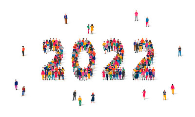 Large group of people stands in the figure 2022. Concept of a New Year holiday greeting card.