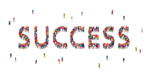 A large group of people stands in the word Success. The concept of a successfully completed task, winning, winning something.
