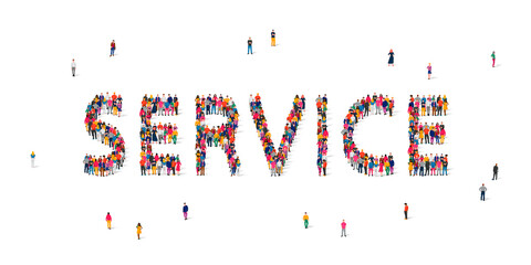 A large group of people stands in the word Service. The concept of service, staff, future, innovation.