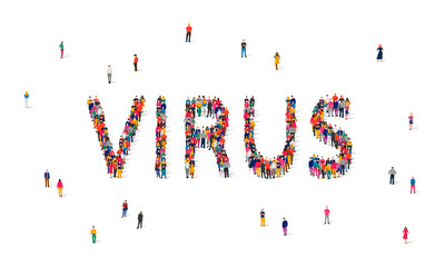 A large group of masked people are in the word Virus. Concept of coronavirus infection, fight against disease, epidemic of viral disease.