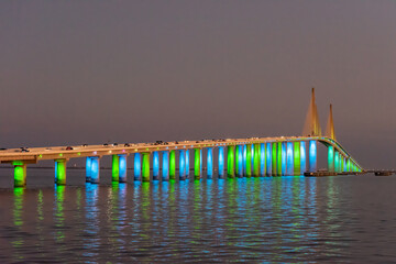 Bridge light display at dusk