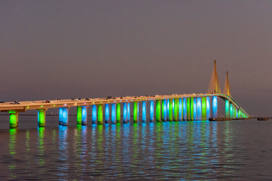 Bridge light display at dusk