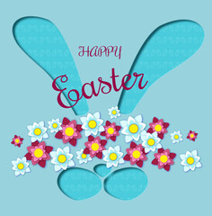 Happy Easter greeting card. Easter bunny and flowers in paper style