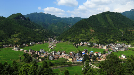 Fototapeta na wymiar Beautiful village in green valley; houses and green fields