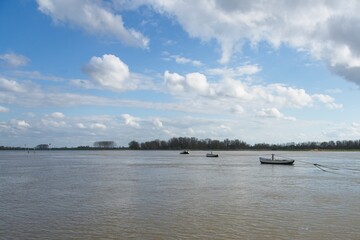Naklejka premium Cable ferry (gierpont) over the river Rhine between Wageningen and Opheusden in the Netherlands