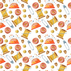 Sewing digital paper.Seamless pattern,digital background.Watercolor Vintage sewing scrapbook paper.Printable fabric with pin,scissors,needle with thread.spool of thread,buttons,thimble,pincushion.