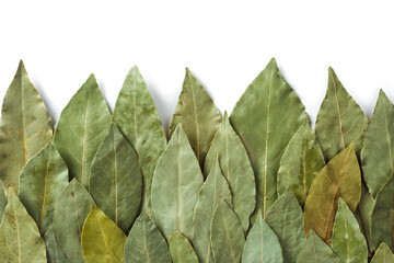 Aromatic dried bay leaves on a white background