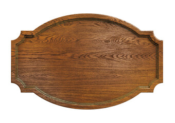 Empty wooden plate isolated on a white background. Medieval wooden signboard. Clipping path included