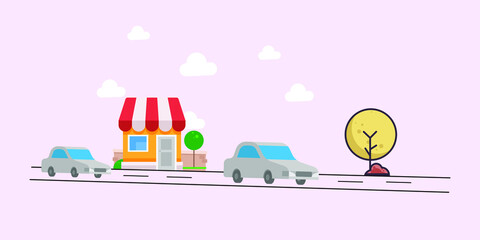 urban landscape with shops, cars and trees