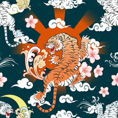 Seamless Art Japanese Repeat Pattern of Crawling White and Orange Tiger on Clouds with Red Sun with Radiant and Crescent Moon with Sakura Flower on Diamond Repeat Pattern Dark Background Vector Design