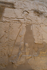 KARNAK TEMPLE - Massive columns inside beautiful Egyptian landmark with hieroglyphics, and ancient...
