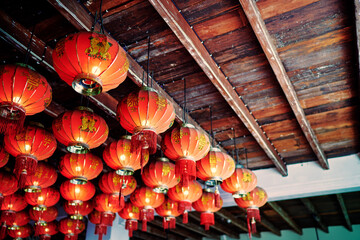 Chinese new year decoration. Red light lanterns.