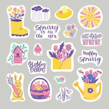 Bright spring stickers with flowers, rabbit and inscriptions. Happy Easter. Vector illustration.