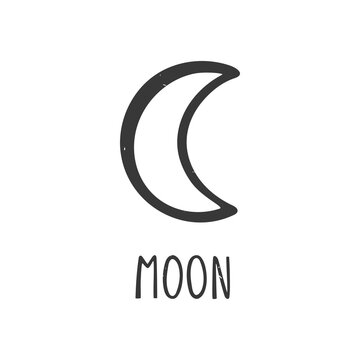 Ancient astrological symbol of Moon. Minimalistic caption icon isolated on a white background. Vector hand drawn illustration