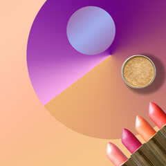 Cosmetic concept Colorful Lipstick with Eye Shadow on color Background