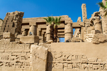 KARNAK TEMPLE - Massive columns inside beautiful Egyptian landmark with hieroglyphics, and ancient...