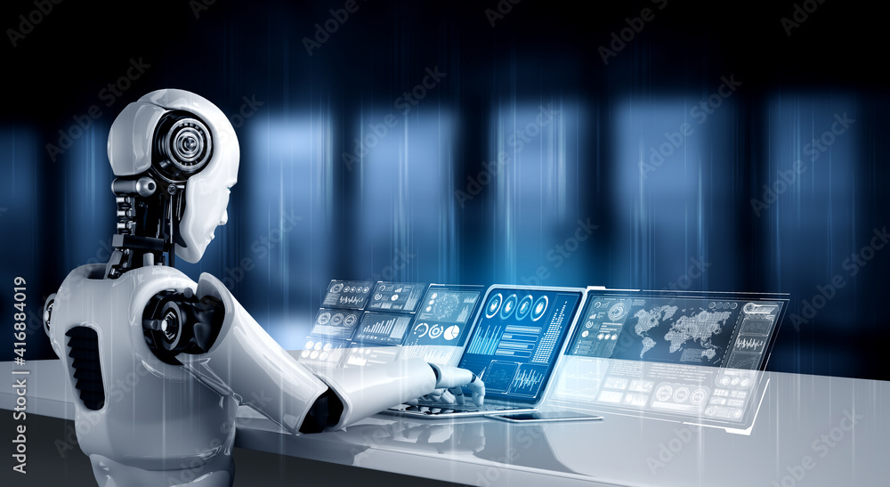 Poster robot humanoid use laptop and sit at table for big data analytic using ai thinking brain , artificia