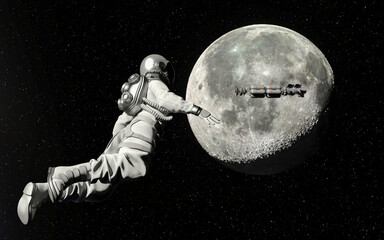 Fototapeta na wymiar Astronaut walking in space with moon background