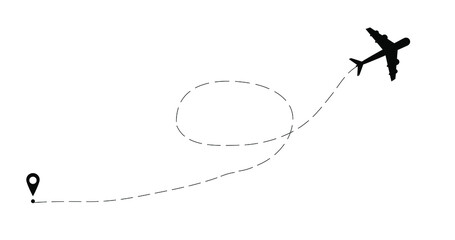 Airplane line path vector icon of airplane flight route with start point and dash line trace
