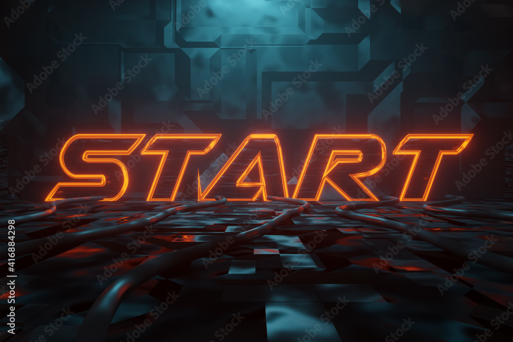 Poster 3d rendering of cyberpunk word start illuminated in orange in metal background. artificially illumin